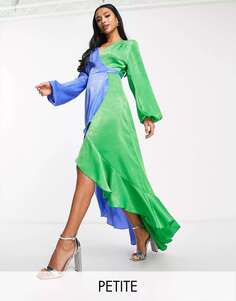 Платье макси с объемными рукавами и рюшами London Petite контрастного синего и зеленого цвета Flounce London