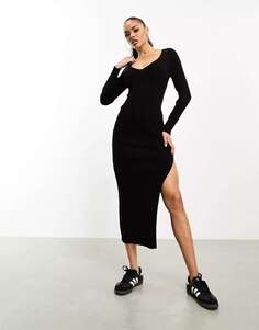 Черное трикотажное платье миди с v-образным вырезом и разрезом по бокам Fashionkilla