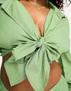 Пляжная рубашка свободного кроя с завязками спереди Esmee Plus в зеленом цвете Esmee Curve