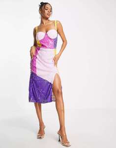 Эксклюзивное платье миди в стиле колор-блок с кружевом и бисером Lace &amp; Beads