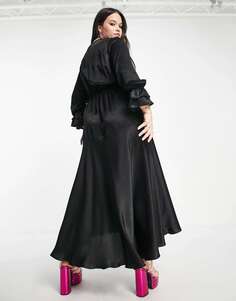 Черное атласное платье миди с длинными рукавами и воланами London Plus Flounce London