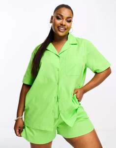 Зеленая пляжная льняная рубашка с короткими рукавами Esmee Plus Esmee Curve