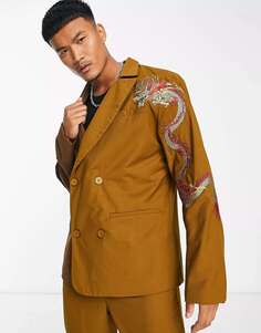 Бумажный двубортный пиджак большого размера Liquor N Poker с коричневым принтом дракона