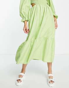Зеленое платье миди с пышными рукавами и вырезами New Look