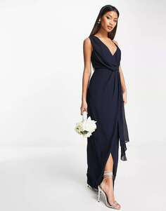 Темно-синее шифоновое платье макси с запахом и глубоким подолом TFNC Bridesmaid