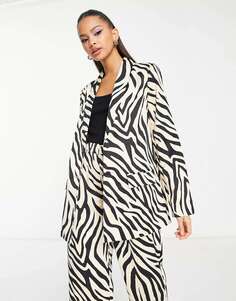Комбинированный атласный пиджак Pieces черно-белого цвета с рисунком зебры