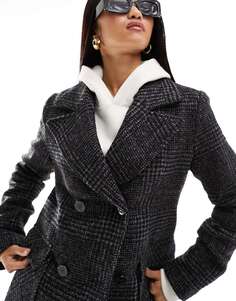 Двубортное удлиненное шерстяное пальто Morgan темно-серого цвета с рисунком «елочка»