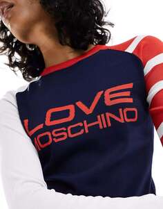 Темно-синий и красный джемпер с круглым вырезом и логотипом Love Moschino