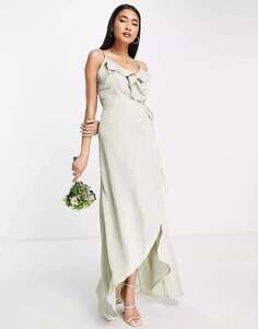 Атласное платье с запахом TFNC Bridesmaid шалфейно-зеленого цвета