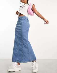 Синяя джинсовая юбка макси со швами New Look