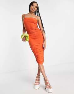 Оранжевое атласное платье миди со сборками и бретелями Femme Luxe