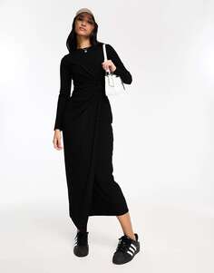 Черное платье миди в рубчик с длинными рукавами New Look