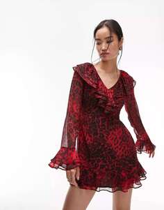 Красное чайное платье с v-образным вырезом и рюшами Topshop