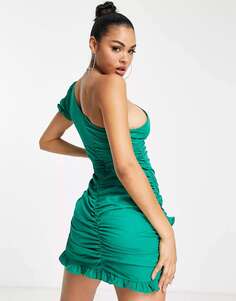 Мини-платье на одно плечо с оборками Trendyol бутылочно-зеленого цвета