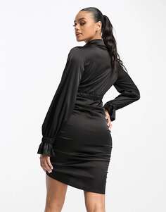Черное мини-платье с запахом спереди и рюшами по бокам Rebellious Fashion