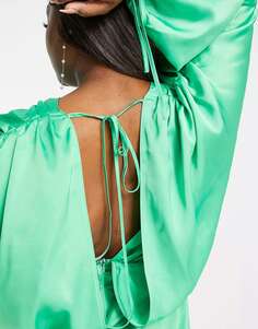 Зеленое атласное платье миди с пышными рукавами и драпированной юбкой ASOS DESIGN Curve