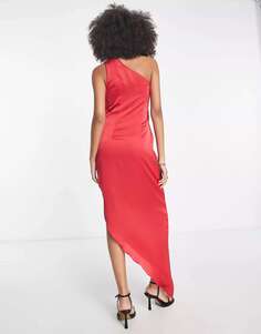Красное атласное платье миди на одно плечо с драпировкой ASOS