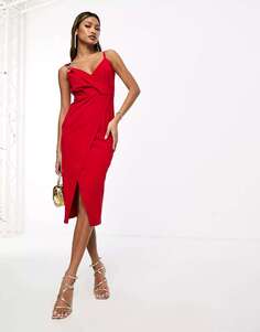 Красное облегающее платье миди с воротником-халтер и запахом AX Paris с золотой застежкой