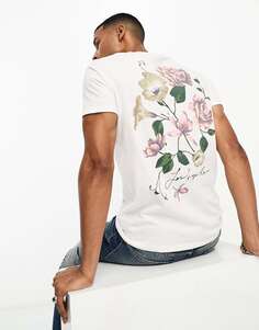 Белая футболка с цветочной вышивкой, логотипом и принтом на спине Hollister