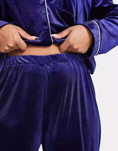 Комплект бархатной длинной пижамы Night Plus с контрастной окантовкой синего сапфира