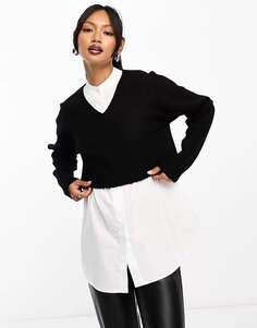 AllSaints Donna 2-в-1 укороченный вязаный джемпер и белая рубашка черно-белого цвета