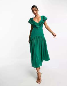 Зеленое платье миди с развевающимися рукавами, рюшами и открытой спиной ASOS
