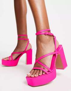 Ярко-розовые туфли на каблуке с ремешками Stradivarius