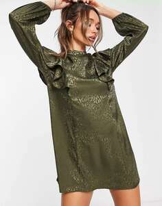 Зеленое атласное жаккардовое мини-платье River Island