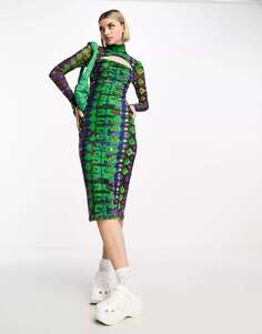 Сетчатое платье миди с высоким воротником и вырезом House of Holland зелено-фиолетового цвета с абстрактным змеиным принтом