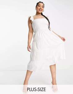 Белое ярусное платье миди с присборенной грудью и оборками и рукавами In The Style x Jac Jossa