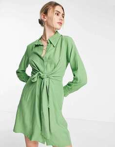 Мини-платье-рубашка с завязкой спереди Mango нежно-зеленого цвета