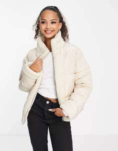Кремовая объемная куртка-пуховик с высоким воротником и контрастными вставками из шерпы Wednesday&apos;s Girl