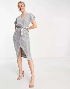 Серебристое платье миди-кимоно с запахом и пайетками Closet London