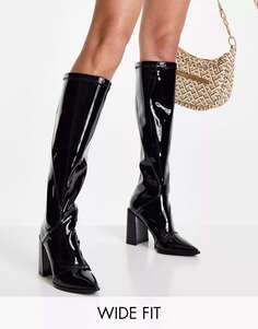 Черные лакированные эластичные ботинки Glamorous Wide Fit на блочном каблуке
