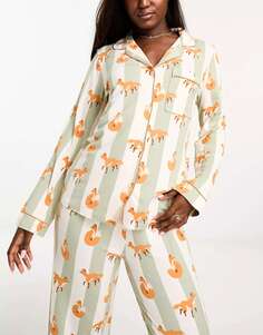 Пижамный комплект с длинными пуговицами в полоску цвета лисы Chelsea Peers шалфейно-кремового цвета