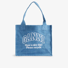 Сумка-тоут Easy Shopper из органического хлопка с вышитым логотипом Ganni, цвет denim