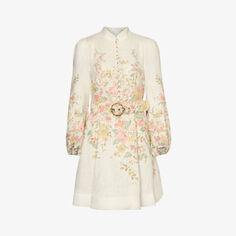 Льняное платье мини с цветочным принтом и пышными рукавами Zimmermann, слоновая кость