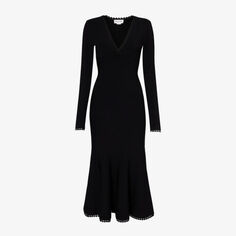 Платье миди из эластичной ткани с V-образным вырезом и расклешенным краем Victoria Beckham, черный
