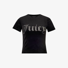 Велюровая футболка узкого кроя, украшенная стразами Juicy Couture, черный