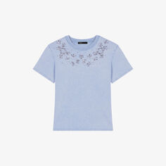 Хлопковая футболка с короткими рукавами и вышивкой драгоценными камнями Maje, цвет bleus