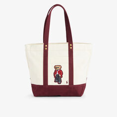 Хлопковая сумка-тоут с вышивкой в виде медведя на верхней ручке Polo Ralph Lauren, экрю