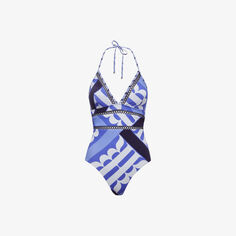 Купальник Gia из эластичной ткани с вырезом халтер и графическим принтом Reiss, синий