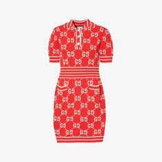 Платье мини из смесового хлопка с V-образным вырезом и монограммой Gucci, красный