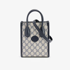 Холщовая сумка-тоут с монограммой и фирменной нашивкой Gucci, синий
