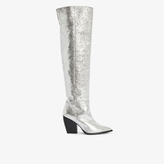 Кожаные ботинки ботфорты Reina на каблуке с эффектом металлик Allsaints, серебряный