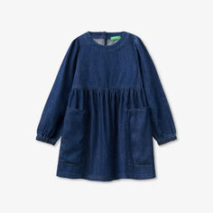 Джинсовое мини-платье с круглым вырезом и длинными рукавами 6-14 лет Benetton, синий