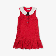 Тканое платье с цветочной вышивкой и воротником-стойкой для детей 3–12 лет Self-Portrait, красный