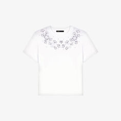 Хлопковая футболка с короткими рукавами, украшенная цветочными камнями Maje, цвет blanc