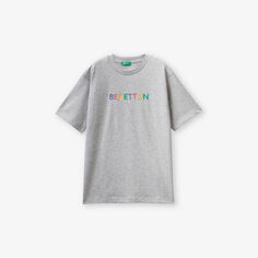 Хлопковая футболка с вышитым логотипом и короткими рукавами 6–14 лет Benetton, серый