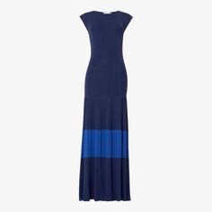 Тканое платье миди с плиссированной юбкой и контрастными полосками Leem, синий